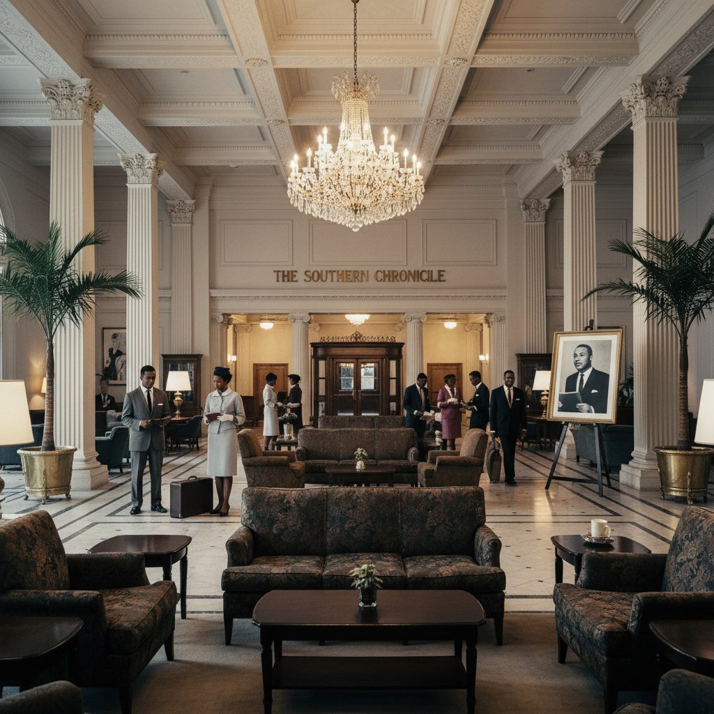 Historic Atlanta hotel lobby with civil rights memorabilia, period-dressed staff, and period guests
