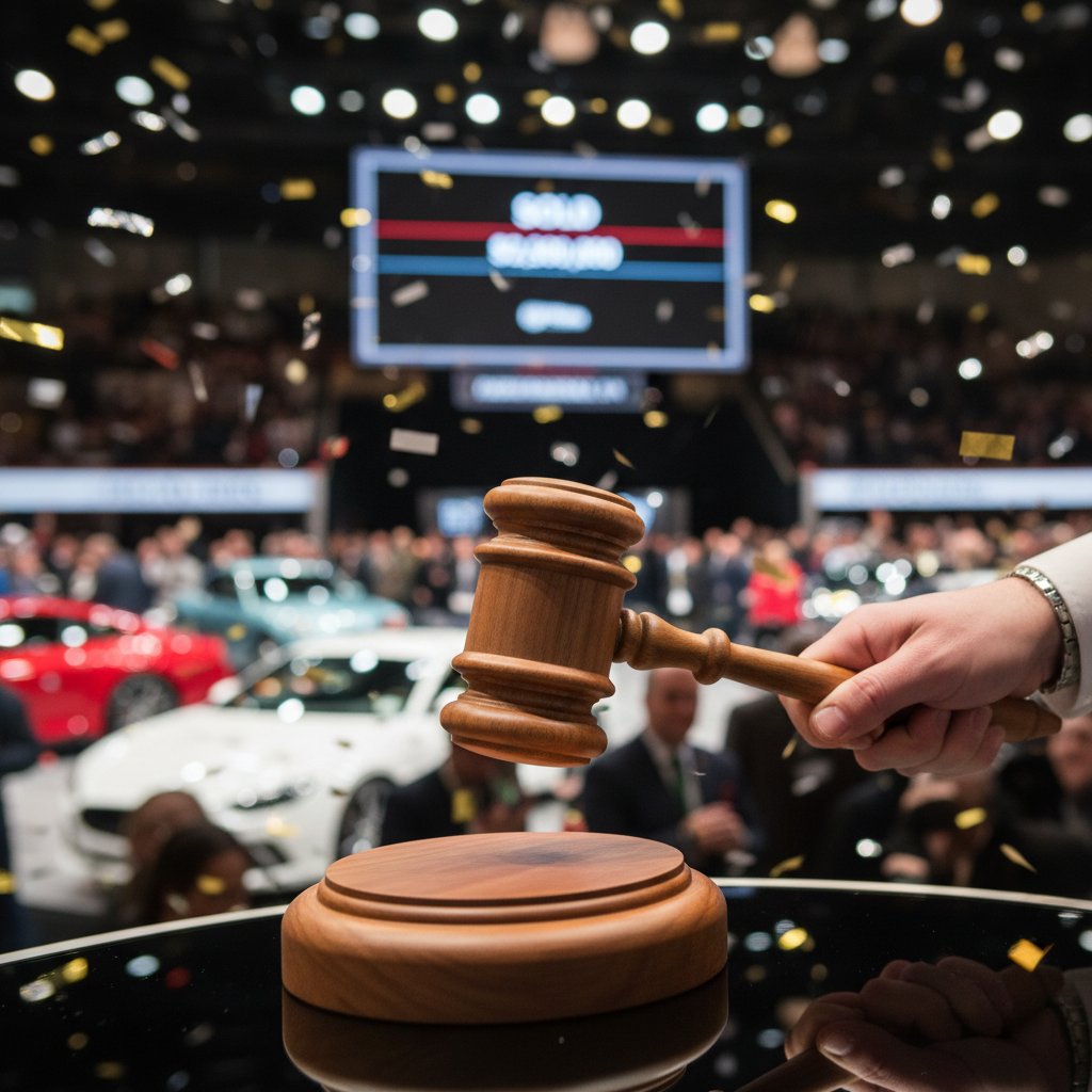Close-up photo of auctioneer's hand slamming a gavel, dramatic lighting, auction cars in background