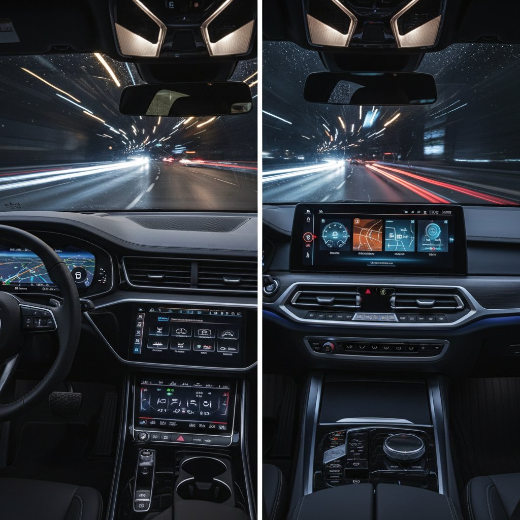 Audi MMI vs BMW iDrive head-to-head, infotainment screens active, night driving, luxury SUV technology