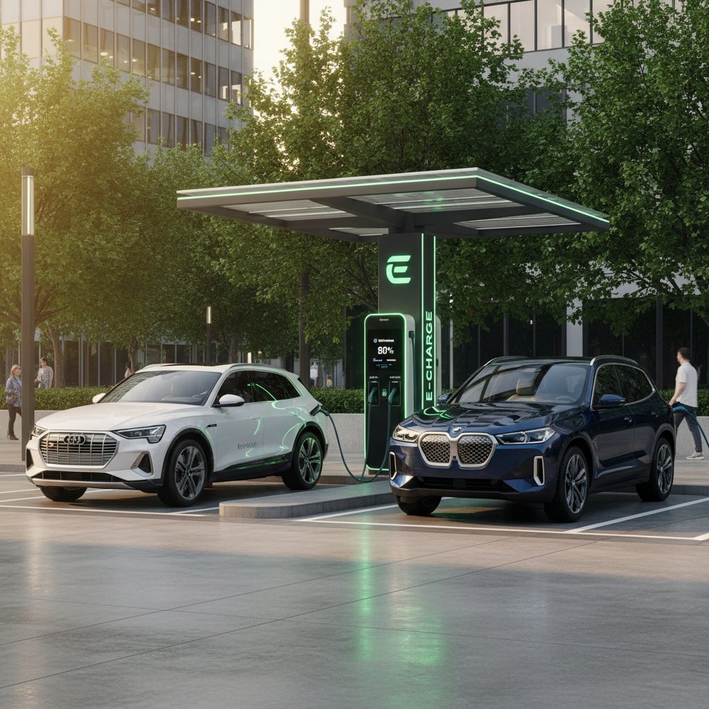 Electric luxury SUVs charging, Audi and BMW electric SUVs, public station, sustainability, future of luxury SUVs