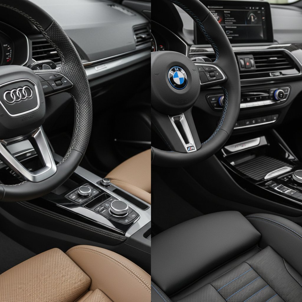 Close-up of premium materials in Audi and BMW, macro shot, contrasting stitching, luxury SUV materials