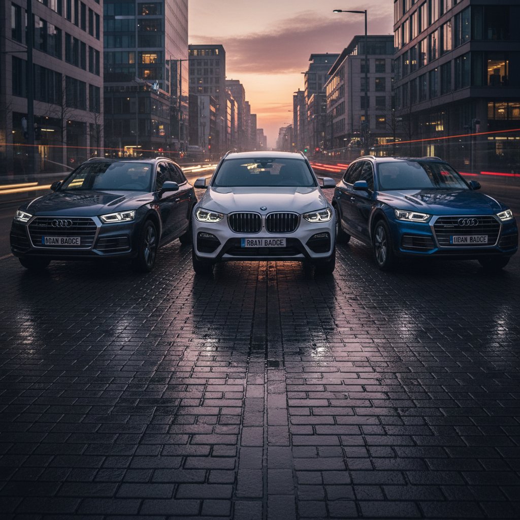 Audi and BMW SUV badges in urban setting, dusk lighting, high contrast, luxury SUV comparison 2025