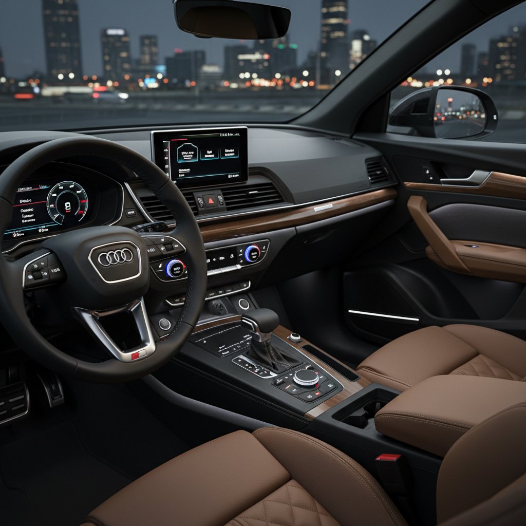 Audi Q5 luxury interior details, illuminated controls, tactile materials, luxury SUV interior