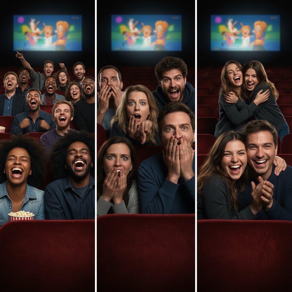 Montage of audience reactions—laughter, shock, joy—at a bad-funny movie screening