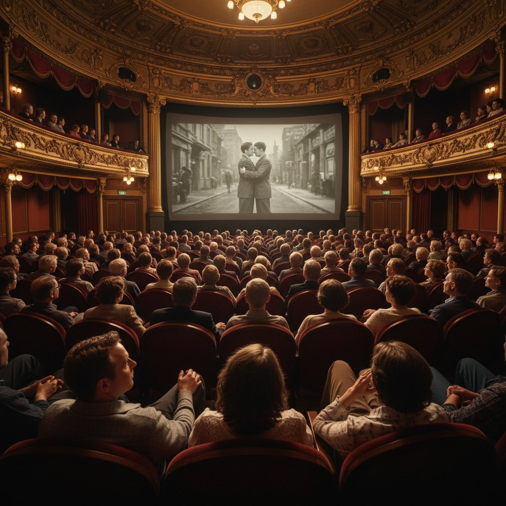 Audience watching vintage movie in ornate cinema, wistful mood, documentary style