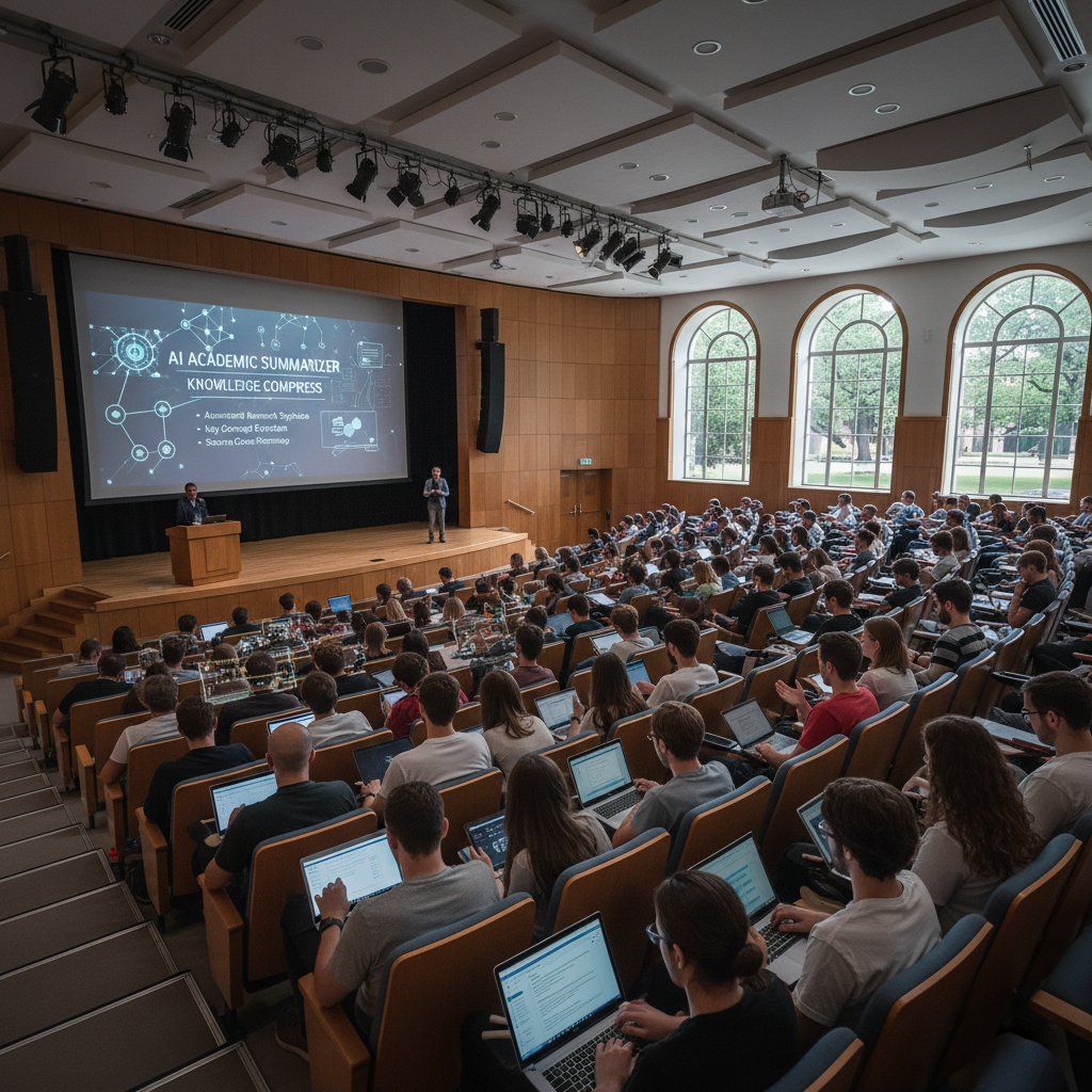 An auditorium full of students and academics, all using laptops and tablets with AI tools visible on screens