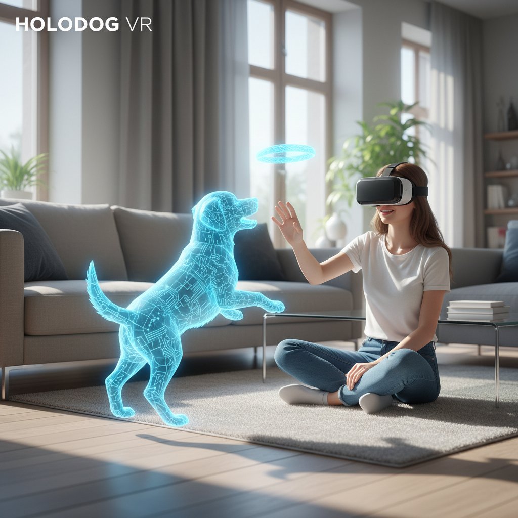 Person mit AR-Brille, virtueller Hund im Wohnzimmer, Keywords: augmented-reality--virtual-dog--indoors