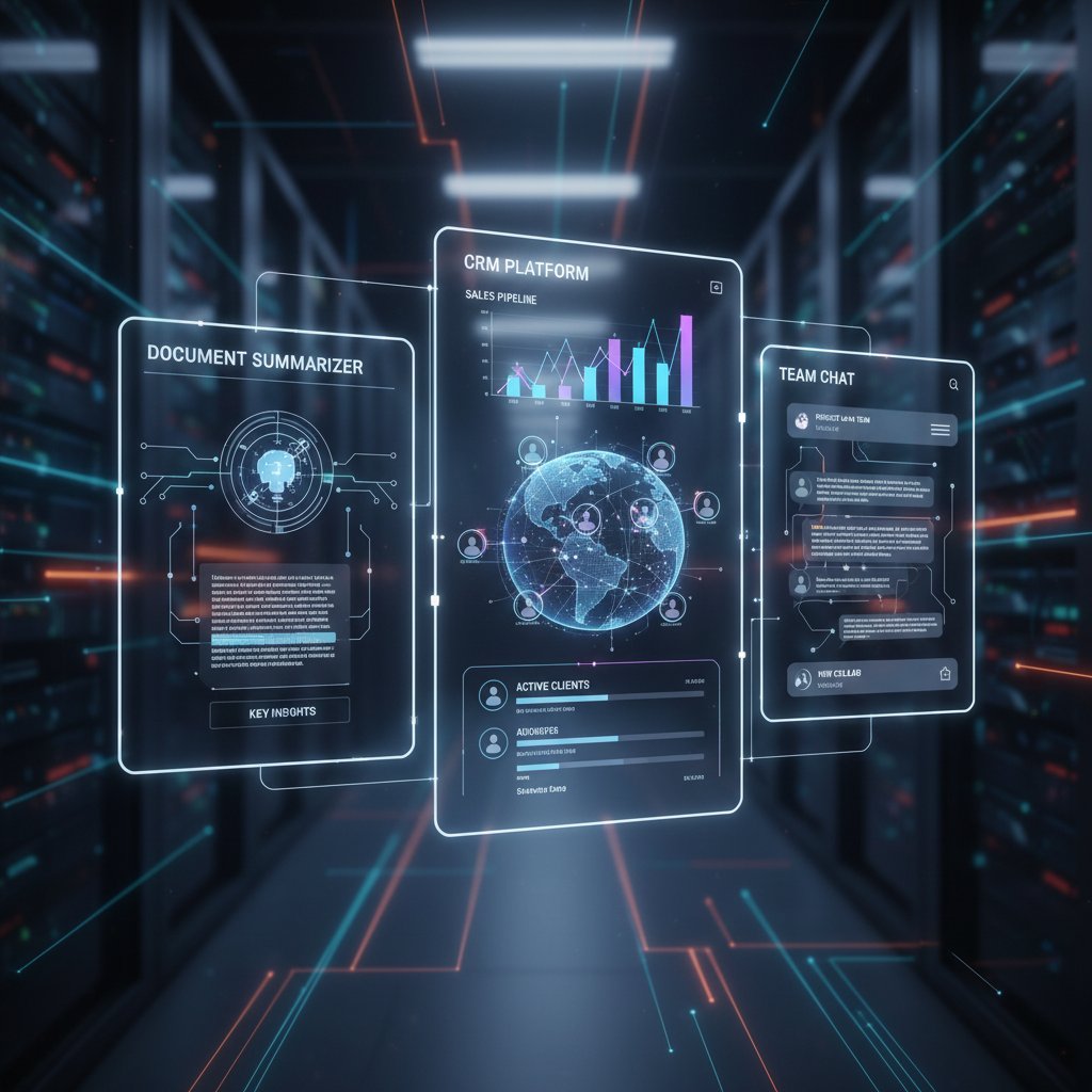 Automated workflow connecting document summarizer and productivity tools, workflow diagram, clean lines, futuristic