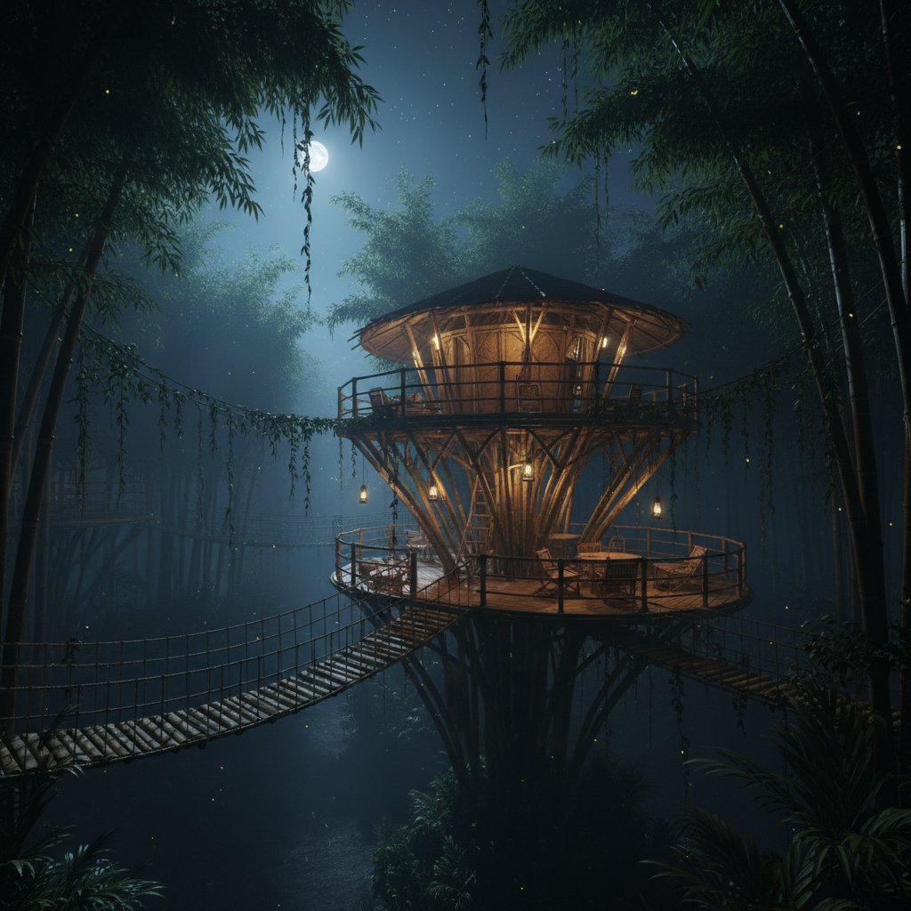 Photo of a bamboo treehouse with dramatic lighting at night, unique adventure accommodation design