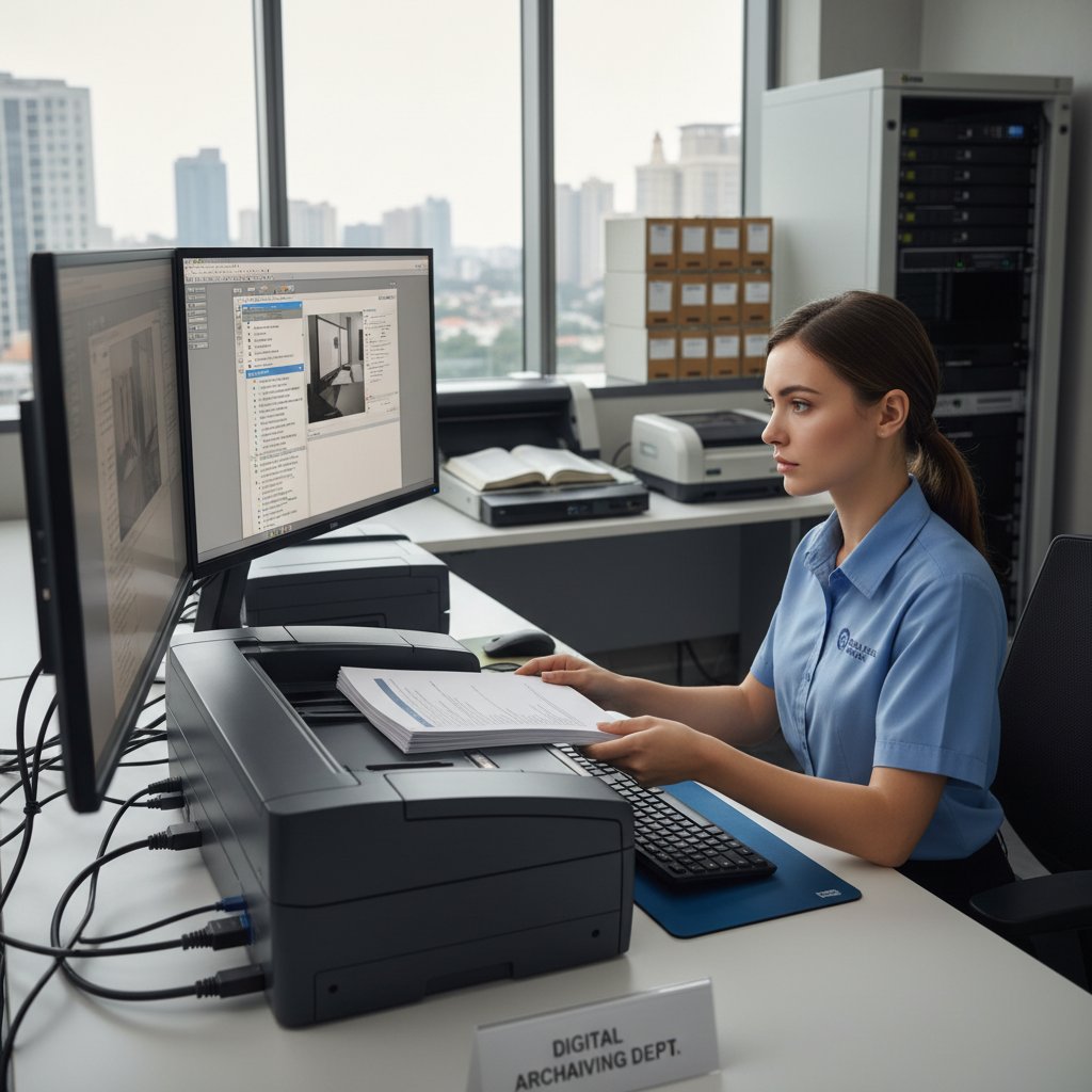 Bank employee scanning and digitizing client paperwork with advanced document digitization methods