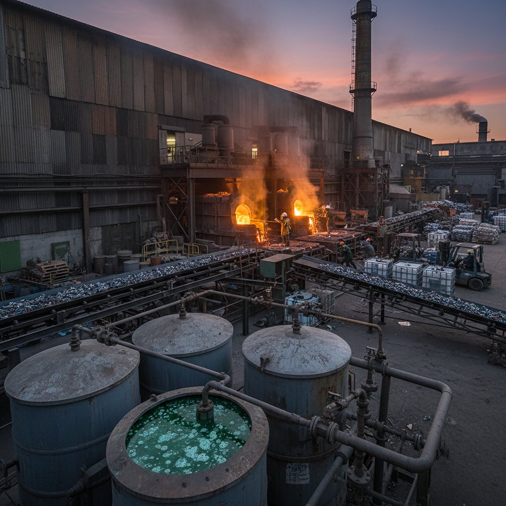 Inside a battery recycling plant showing smelting and chemical processes, illustrating battery recycling methods
