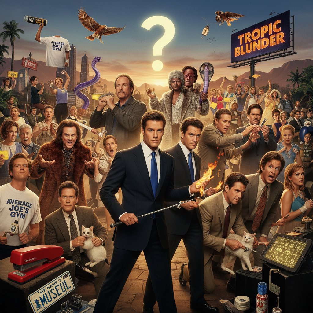 Wall-sized chart mapping recurring characters and cameos throughout Ben Stiller movies, with actors’ faces connected by lines.