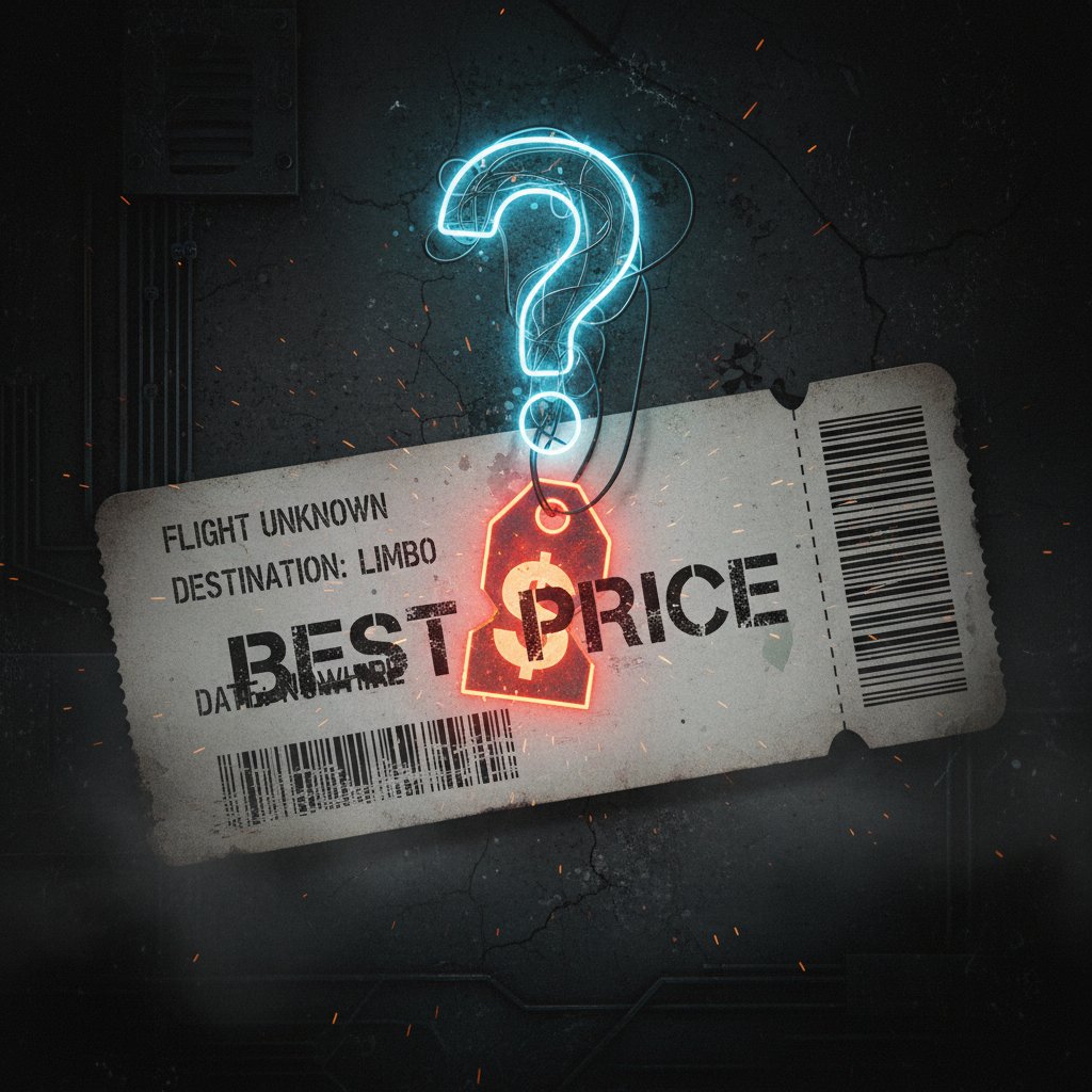 Collage of 'best price' tags distorting into question marks, questioning airline ticket value