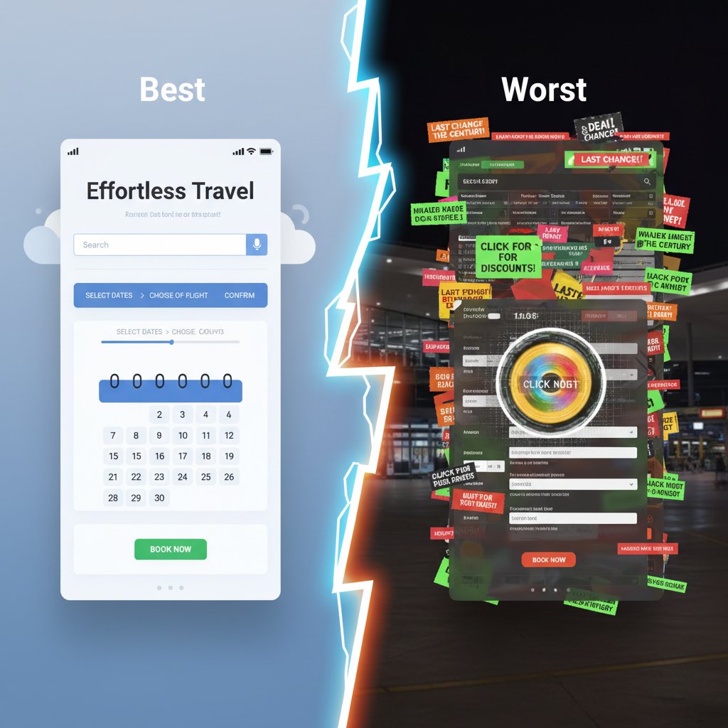 Split-scene: best vs. worst hotel booking user interface, abstract digital, dramatic contrast