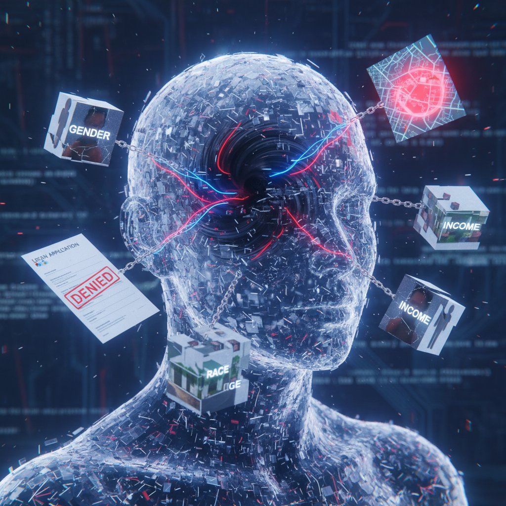 Moody photo of a shadowy AI model surrounded by fragmented data, symbolizing hidden biases in AI-driven strategic market insights