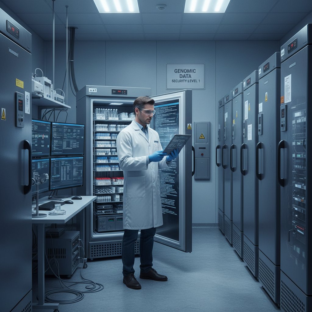 Pracownik biobanku, zamrażarki laboratoryjne, próbki DNA, ochrona danych