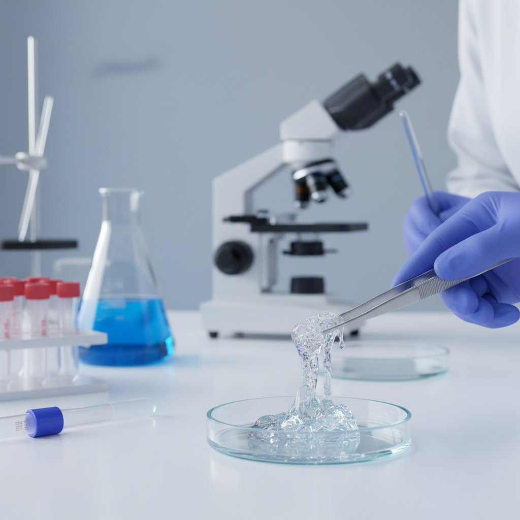 Zbliżenie na trójwymiarową strukturę biomateriału, kompozyt polimerowy na tle laboratorium