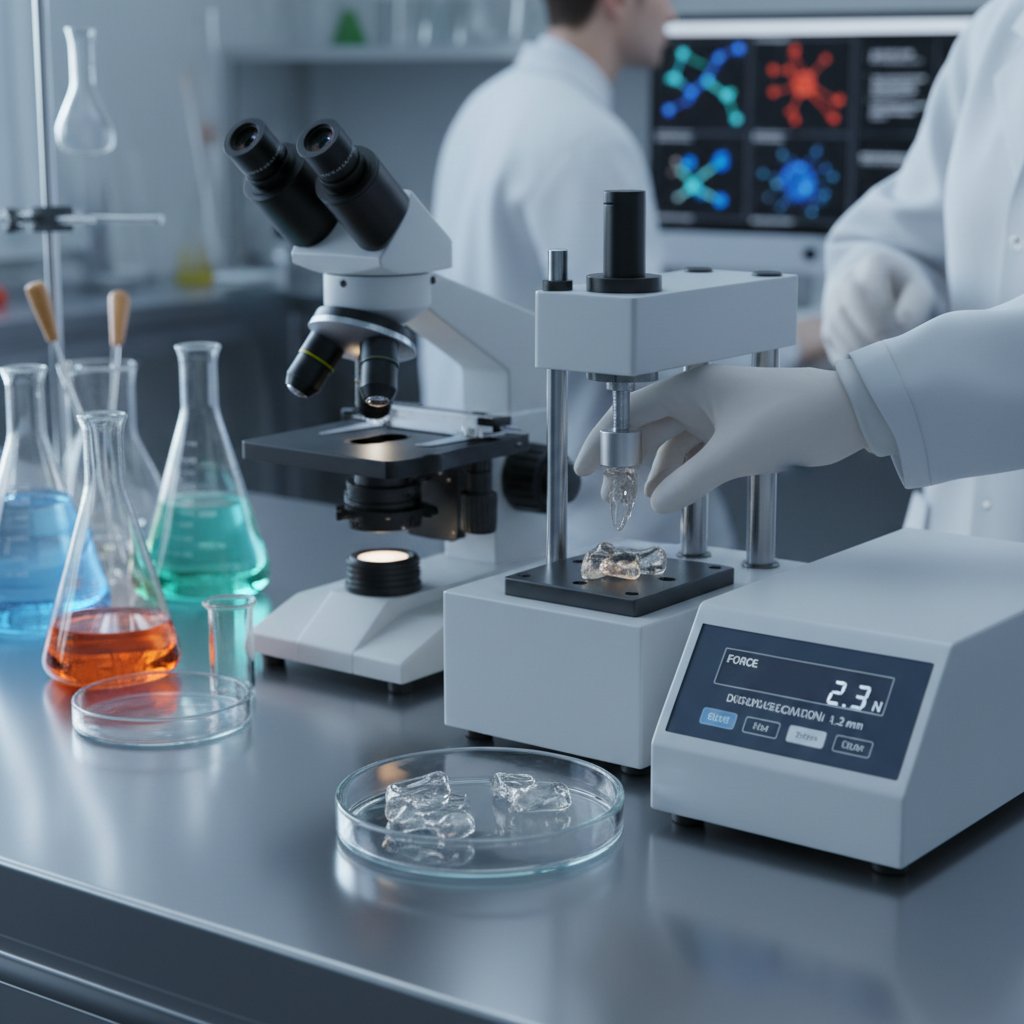 Testy wytrzymałości biomateriału w laboratorium, specjaliści analizują próbki
