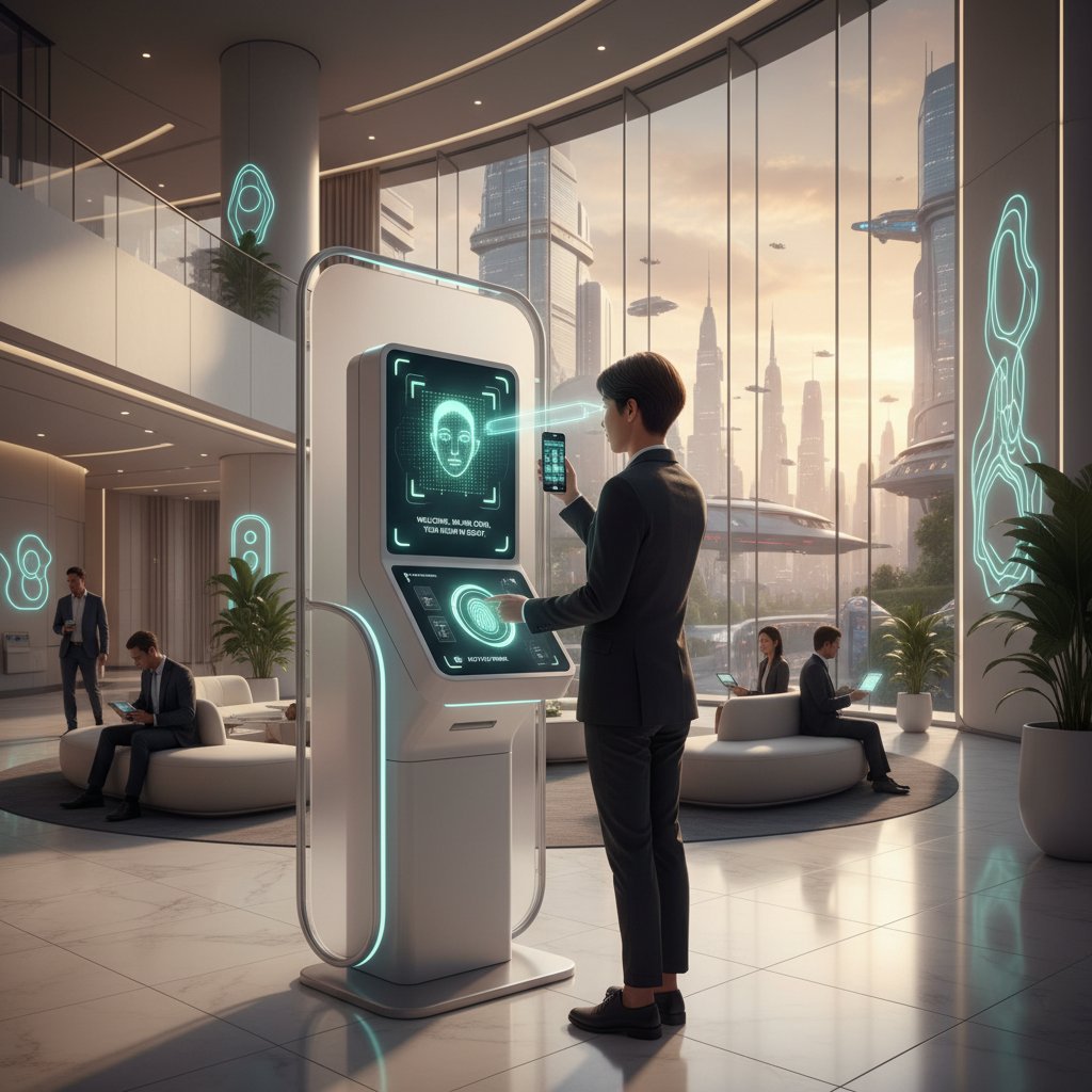 Photo of futuristic hotel kiosk using biometric facial recognition for check-in