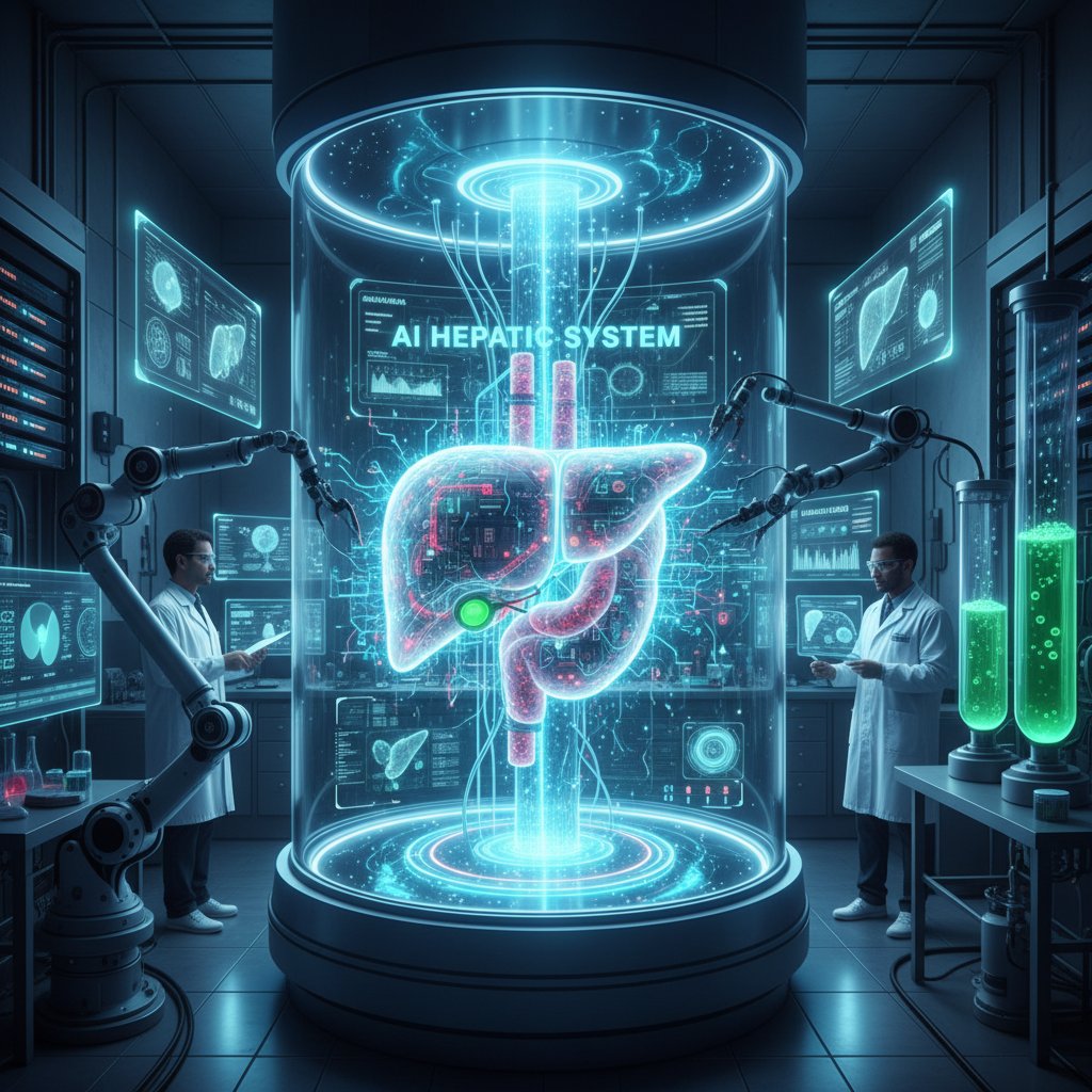 Laboratorium biotechnologiczne, naukowcy pracujący nad komórkami wątroby i sztuczną inteligencją