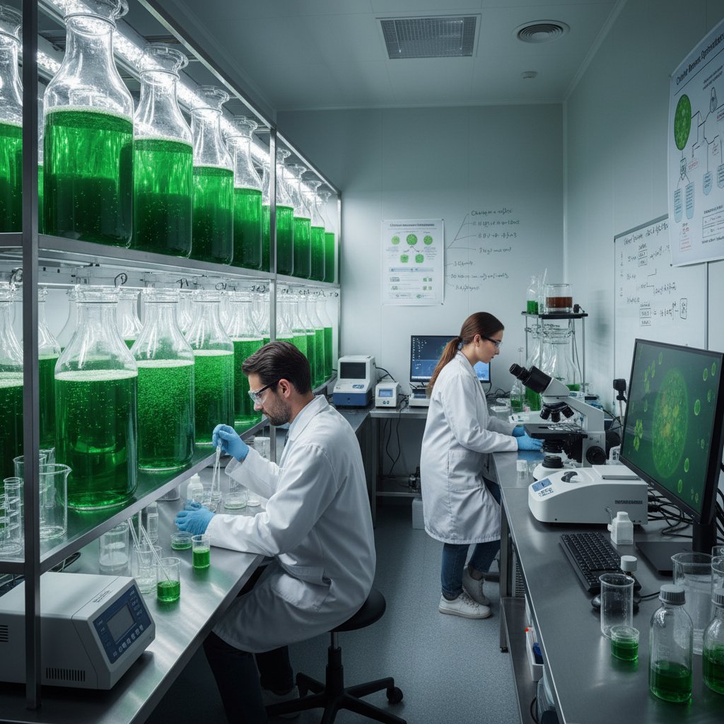 Laboratorium biotechnologiczne z naukowcami analizującymi próbki chlorelli