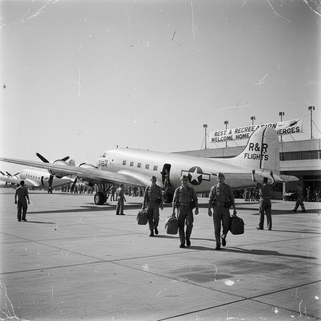 Vintage black-and-white photo of exhausted soldiers boarding an r&r flight, capturing the harsh reality behind the history of r&r flights