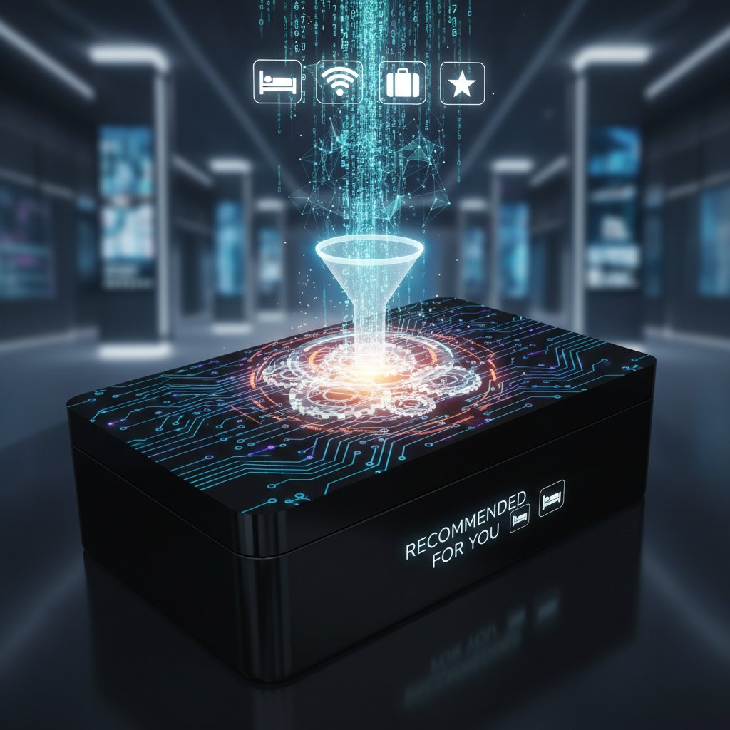 A black box with digital tendrils branching out, connecting to floating hotel icons, representing hidden AI processes in travel booking
