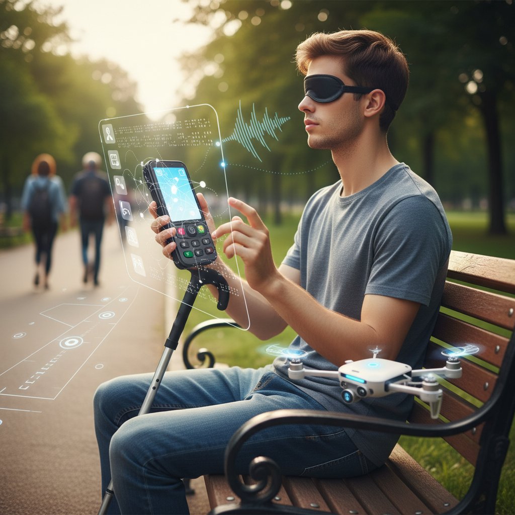 Osoba niewidoma z telefonem, testująca dostępność aplikacji mobilnej