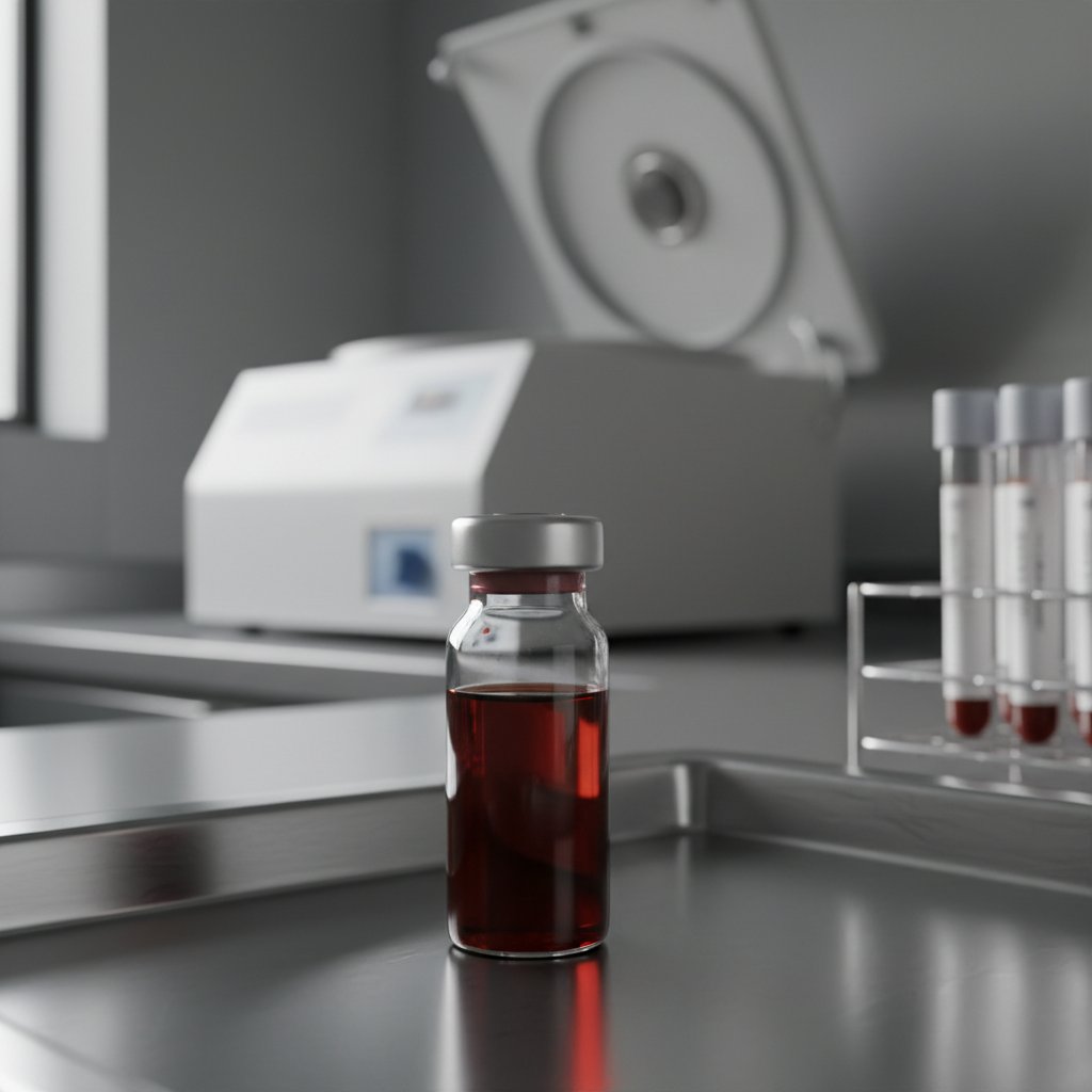 Zbliżenie na próbkę krwi podczas laboratoryjnego badania APTT, refleksy światła i detale szkła
