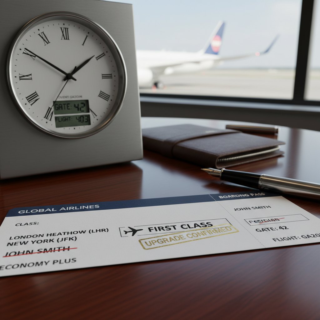 Time-sensitive upgrade opportunity visual with clock overlay on boarding pass