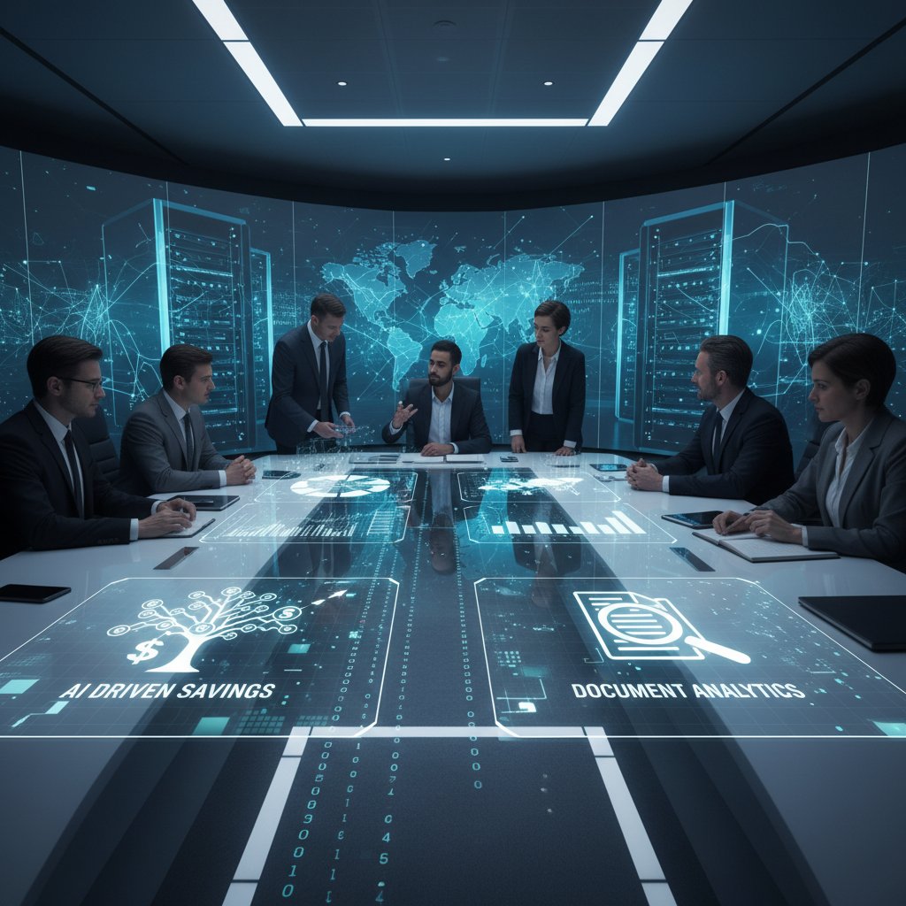 Boardroom scene with digital financial analytics, depicting AI-driven savings