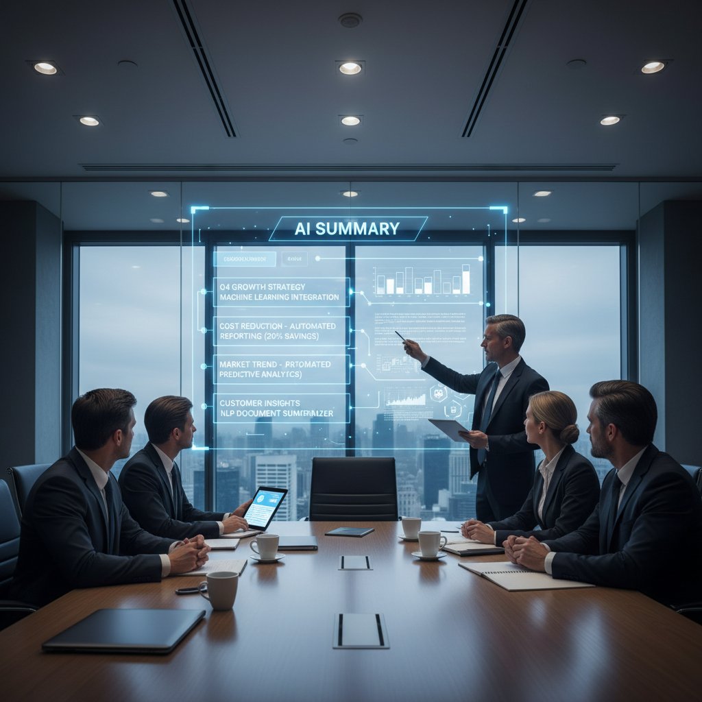 Executives reviewing AI-generated document summary, dramatic boardroom scene