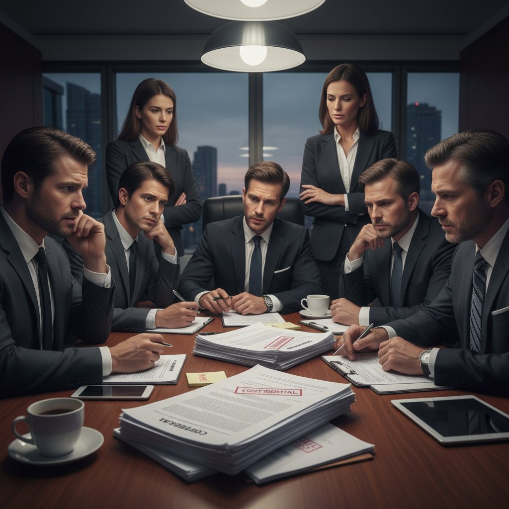 Boardroom scene with executives reviewing problematic contract, tense atmosphere