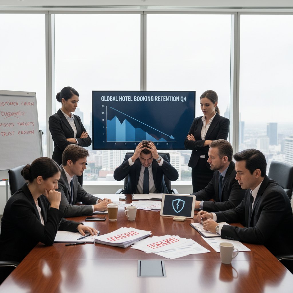 Businesspeople in boardroom looking frustrated over failed hotel loyalty program, retention strategy failure