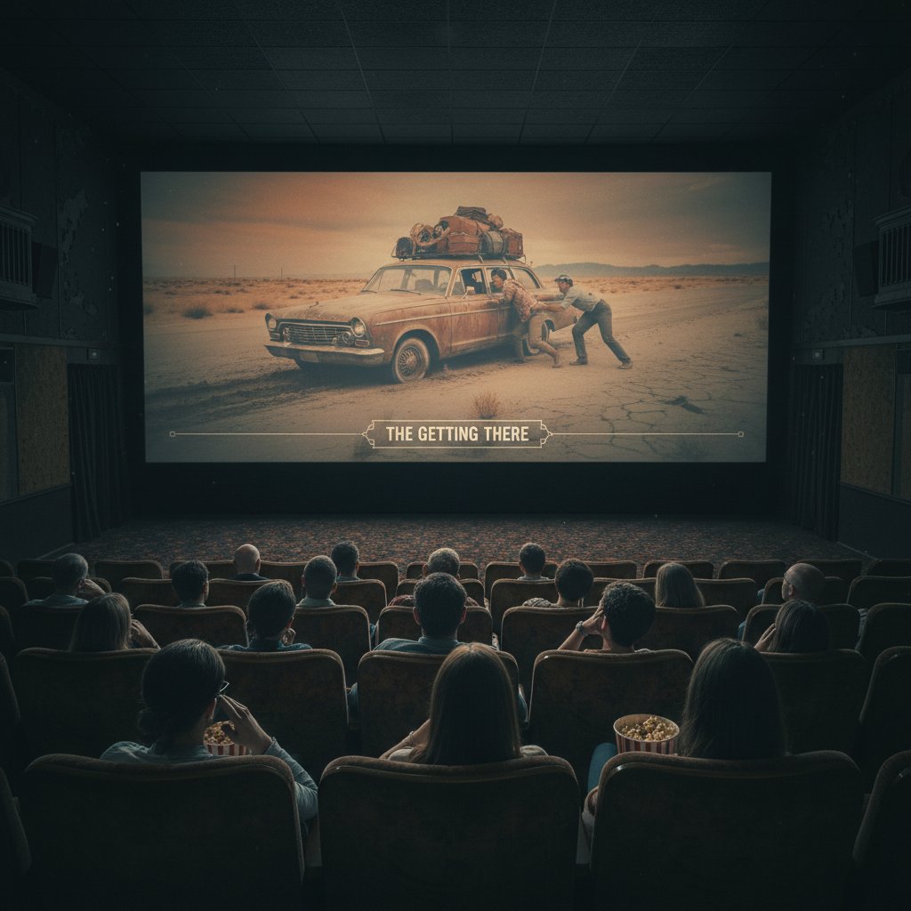 Bored audience in a dull cinema, muted colors, road trip comedy fatigue