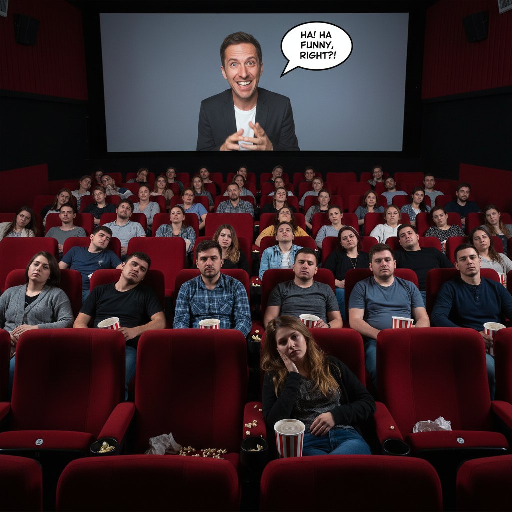 Bored audience in a multiplex, uneaten popcorn, faces blank, reflecting comedy fatigue