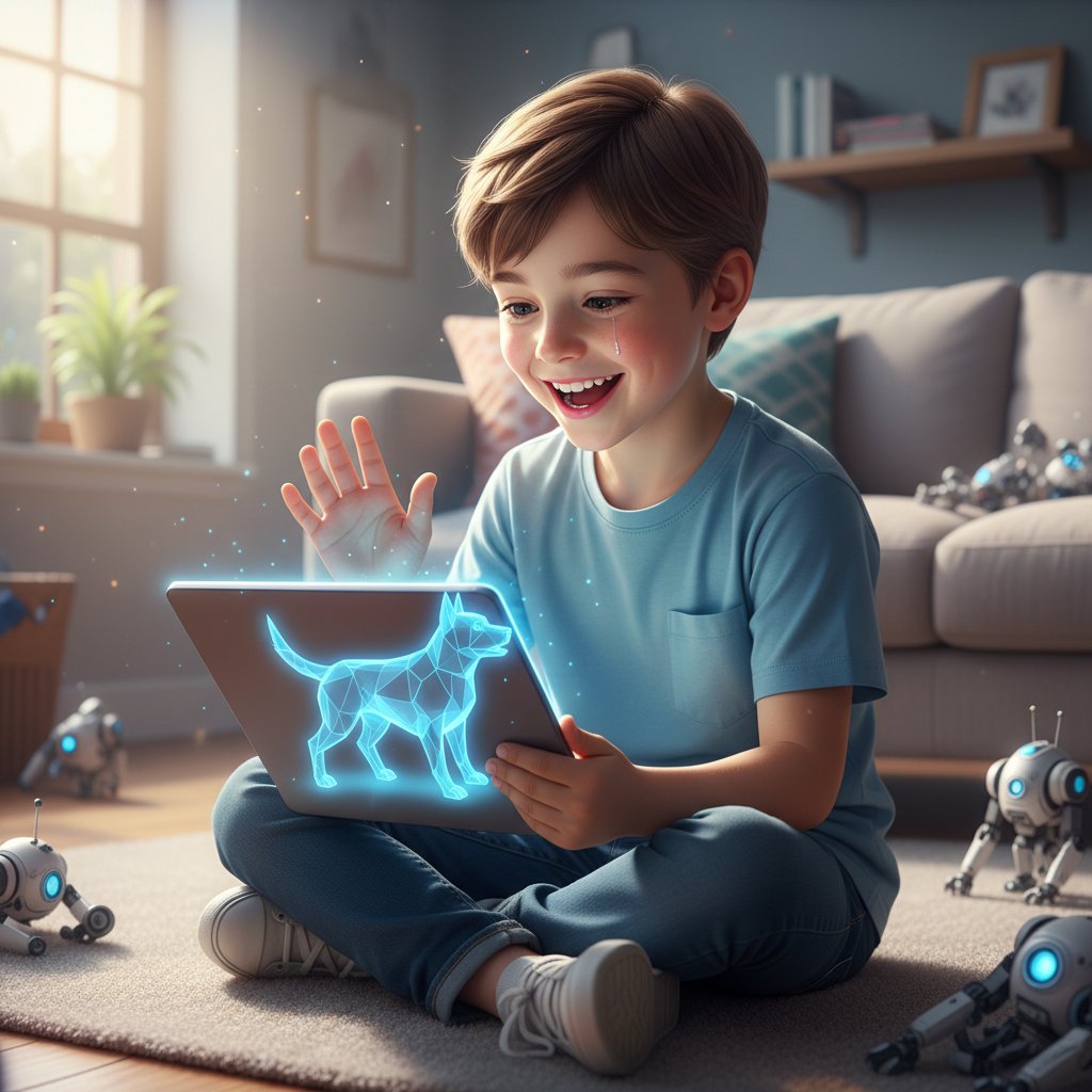 Chłopiec przytula tablet z wirtualnym psem, ilustracja budowania więzi