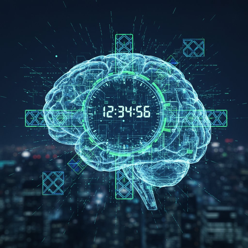 Mózg na tle cyfrowego zegara, symbolizujący psychologiczne mechanizmy interpretacji wzorców