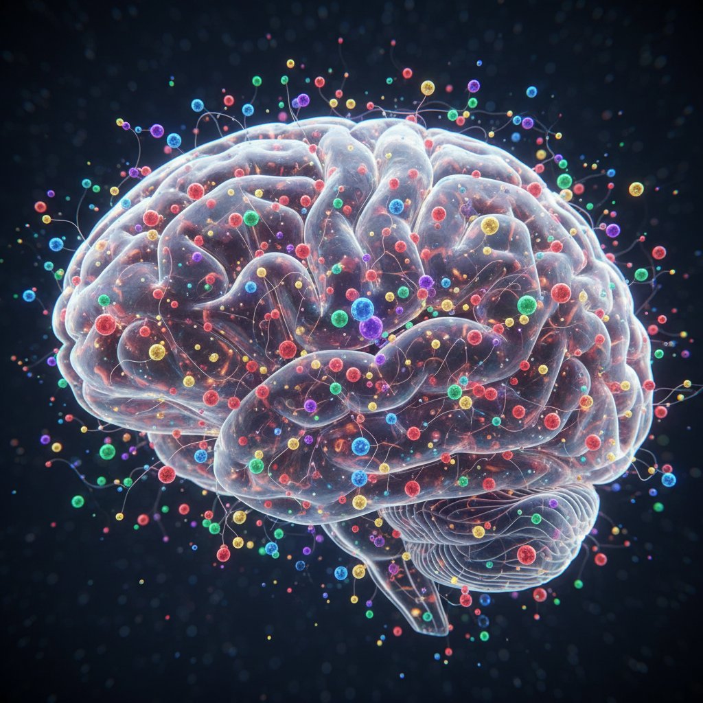 Zbliżenie na model mózgu z zaznaczonymi ścieżkami neuroprzekaźników