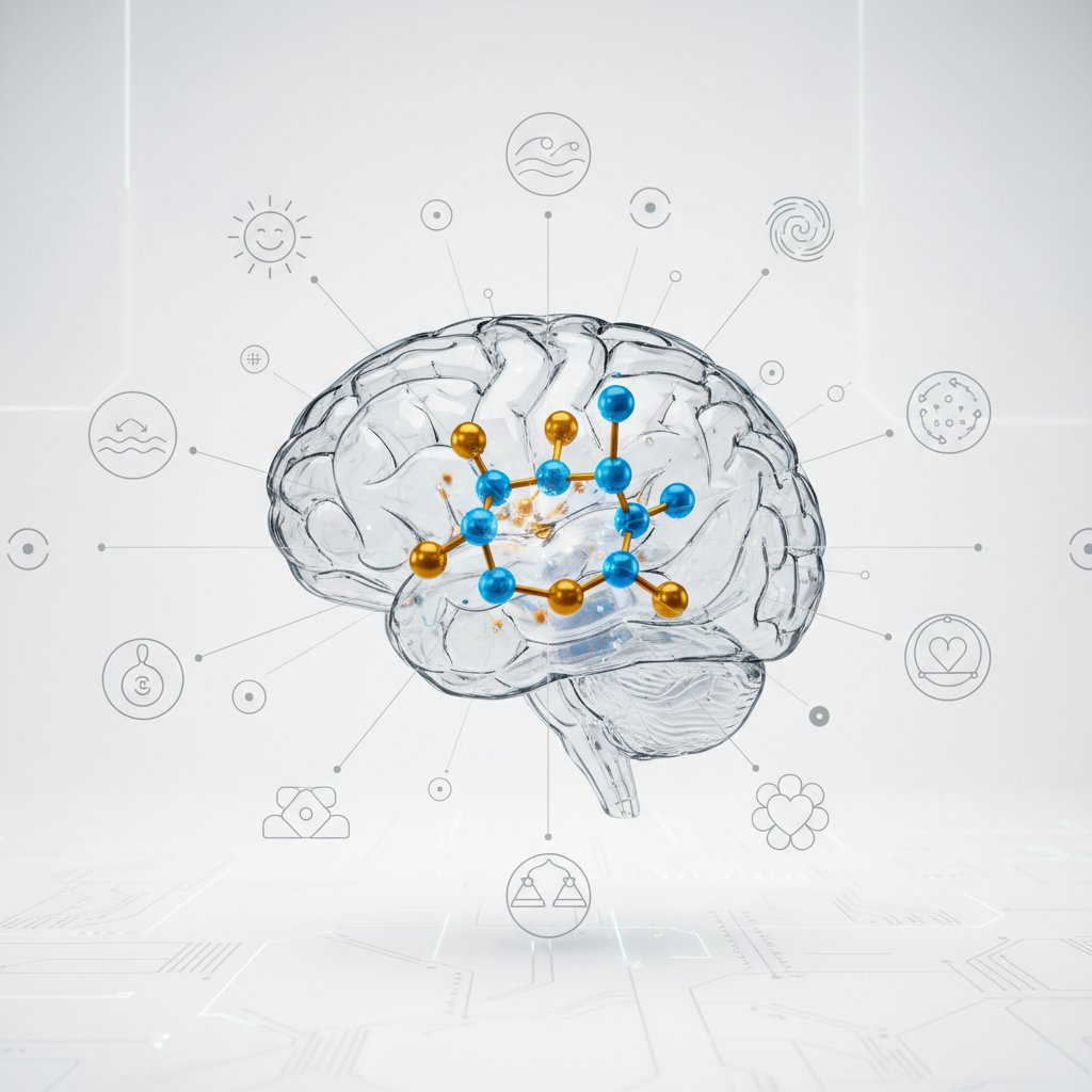 Infografika: czynniki wpływające na nastrój poza serotoniną, podzielony ekran, mózg, cząsteczka serotoniny, nowoczesny design