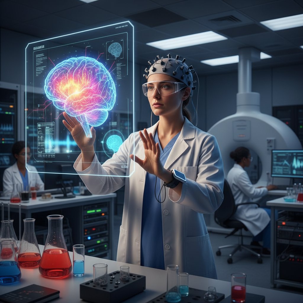 Neurolog badający aktywność mózgu podczas wykonywania gestu, laboratorium badawcze, nowoczesny sprzęt