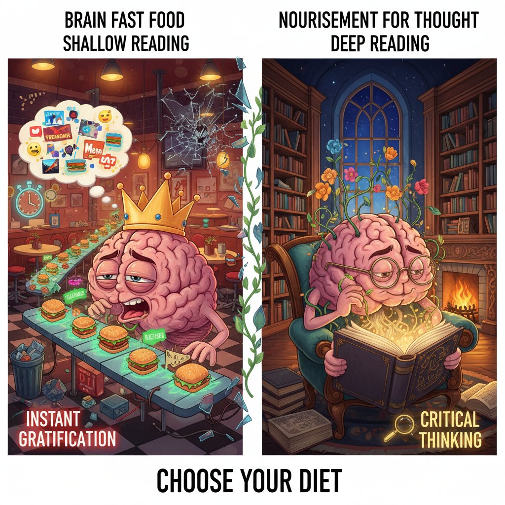 Symbolic fast-food brain meal, representing shallow reading versus deep comprehension with AI summarizers