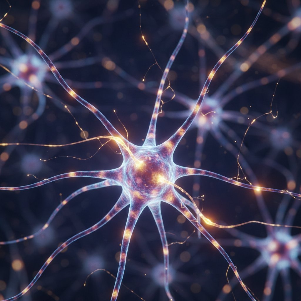 Neuron w dużym powiększeniu, dynamiczne światło – metafora neuroplastyczności