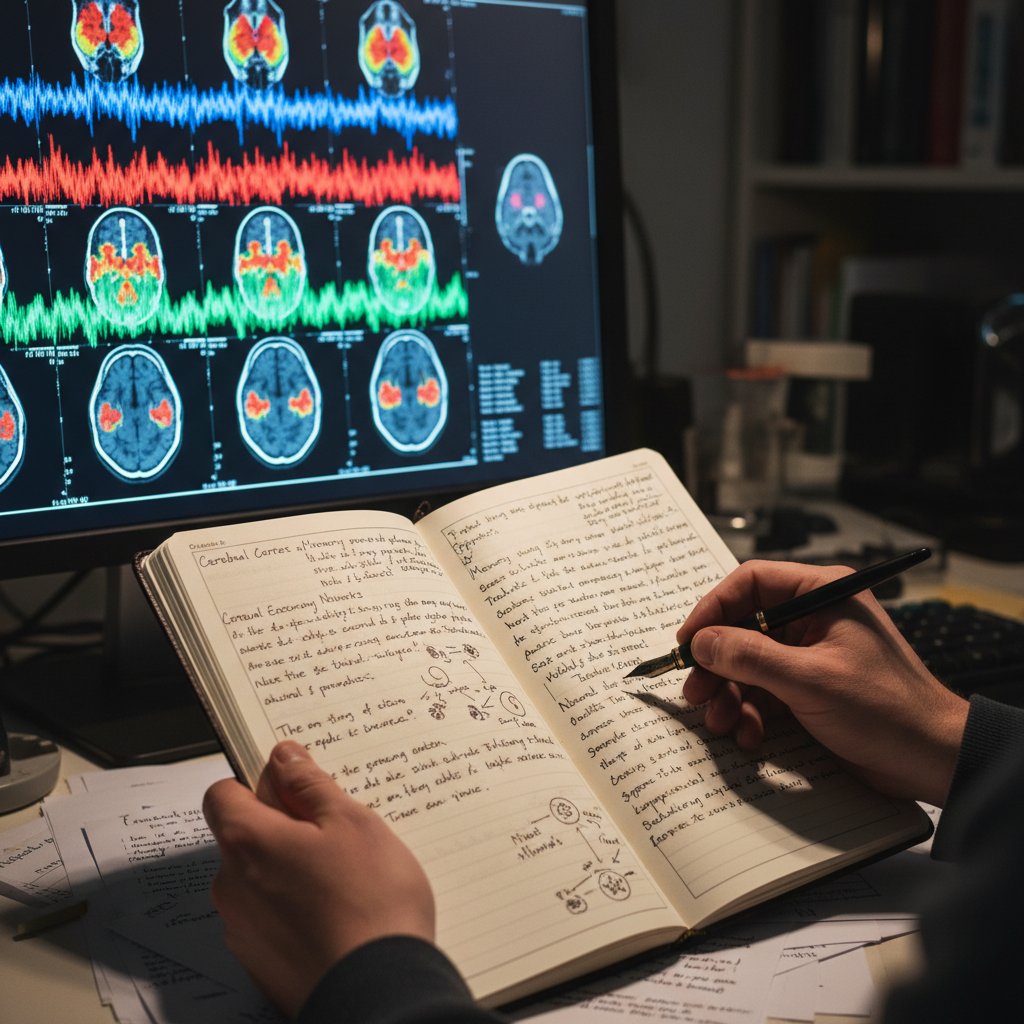 Brain scan with writing, symbolizing journaling’s impact on the mind and emotional healing journey