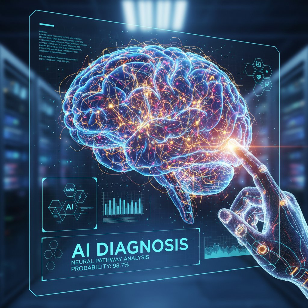 Nowoczesny skan mózgu z podświetlonymi ścieżkami neuronowymi, symbolizujący diagnostykę AI zaburzeń świadomości