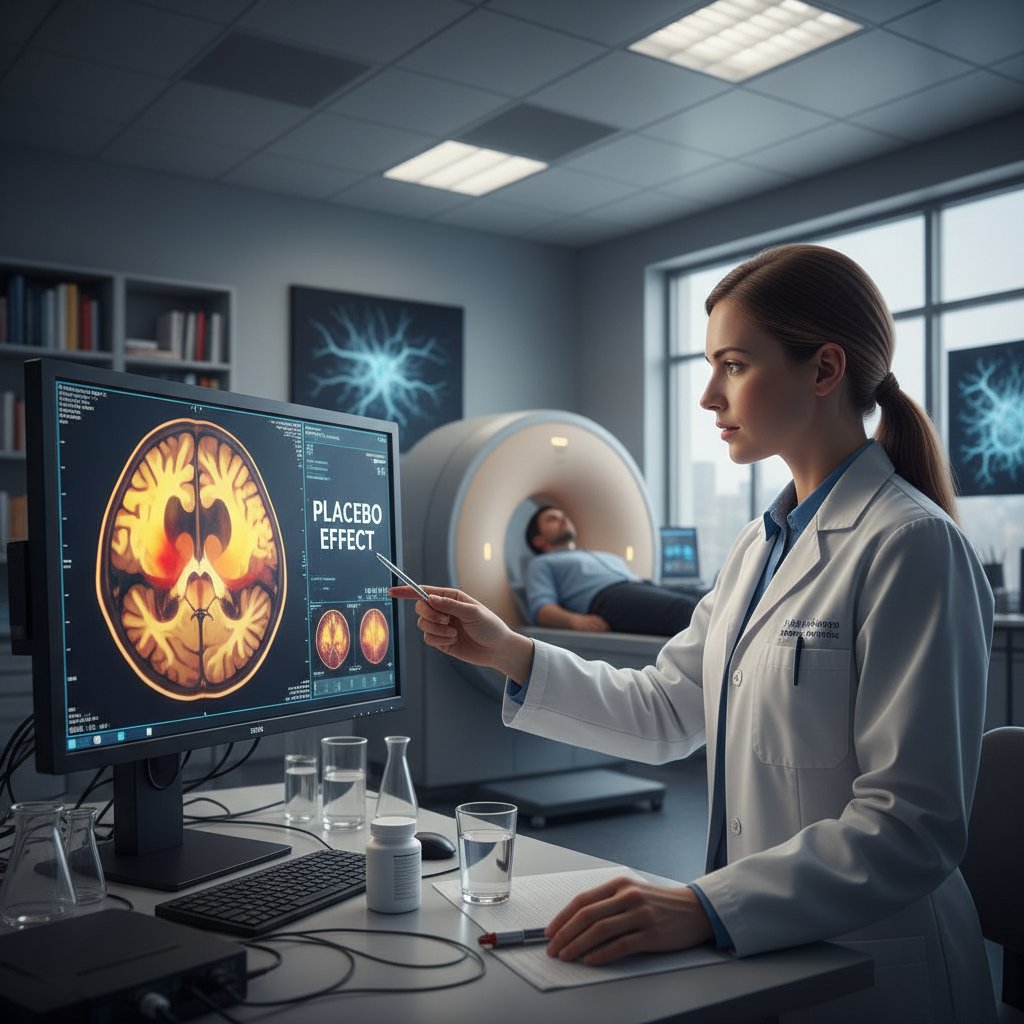 Scena z tomografii mózgu, naukowiec analizujący obrazy zmian po podaniu placebo