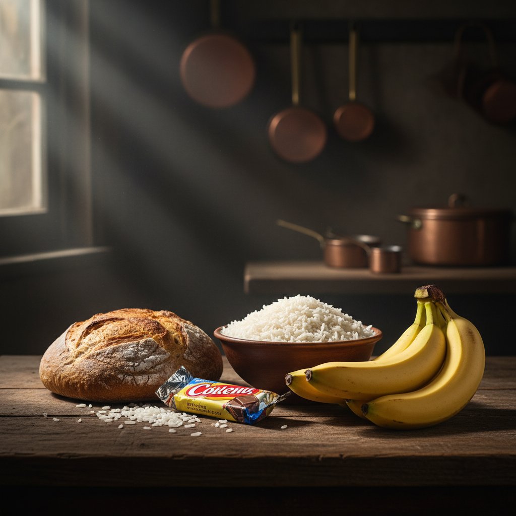 Zdjęcie chleba, ryżu, banana i batonika obok siebie, dramatyczne oświetlenie
