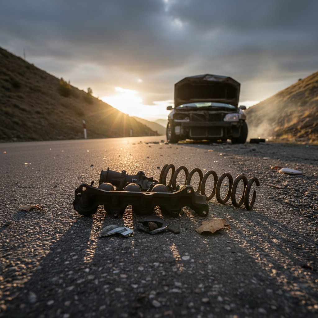 Broken car part on the roadside with dramatic sunlight and urban background