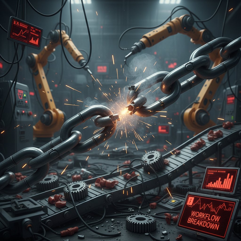 Photo of broken chain or disconnected gears, symbolizing workflow breakdown in document summarization integration