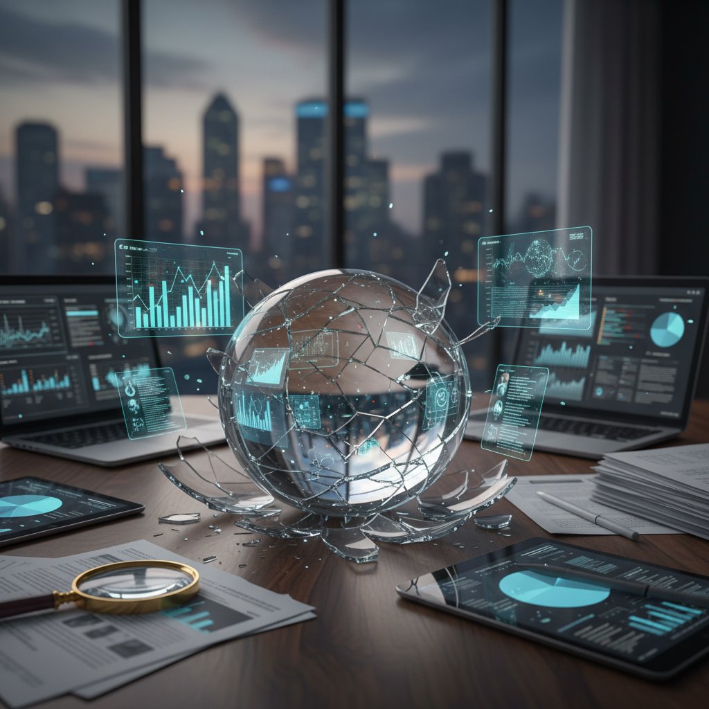 Broken crystal ball atop industry reports, symbolizing flawed market predictions, document analytics software industry forecast